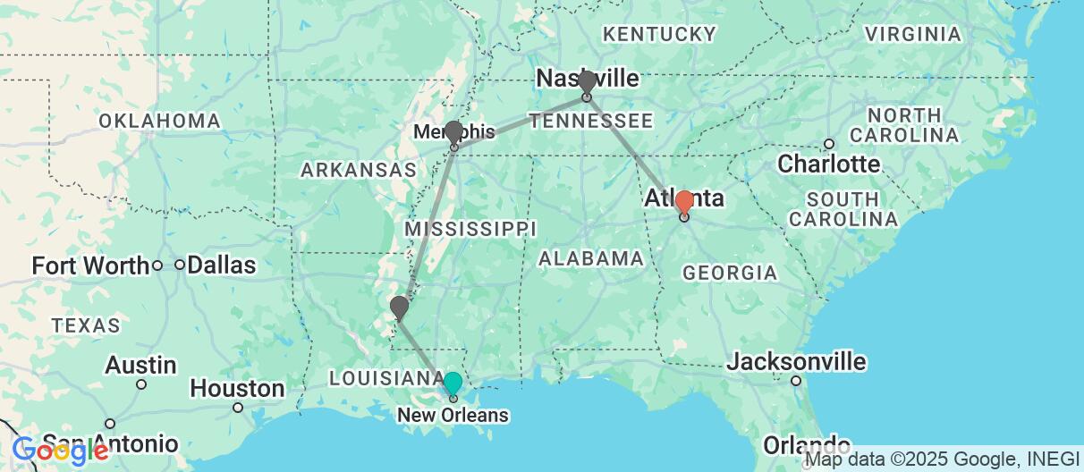 Map with itinerary in United States