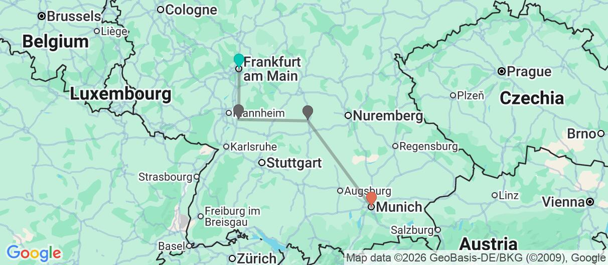 Map with itinerary in Germany