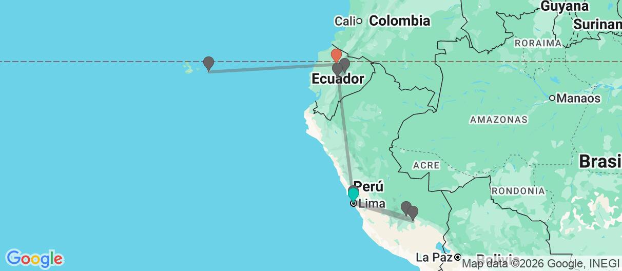 Mapa con el itinerario en Perú & Ecuador