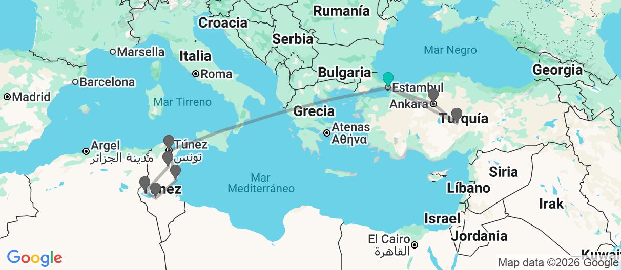Mapa con el itinerario en Turquía & Túnez