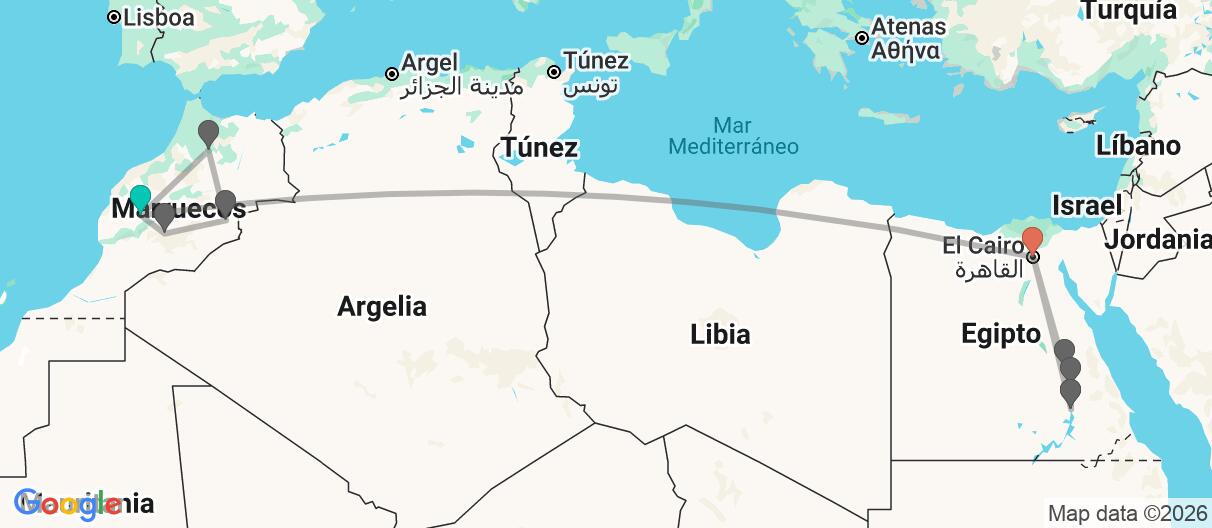 Mapa con el itinerario en Marruecos y Egipto