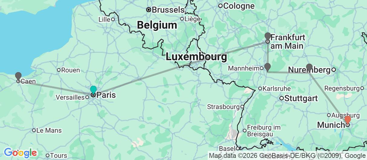 Map with itinerary in France & Germany