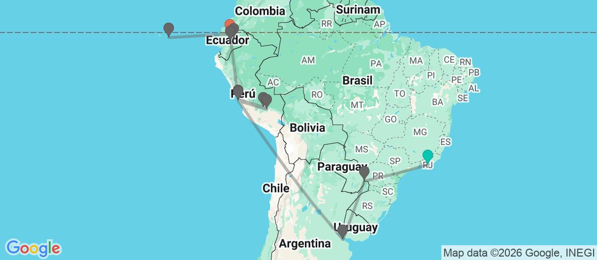 Mapa con el itinerario en Brasil, Argentina, Perú & Ecuador