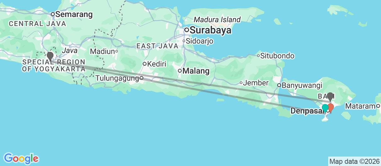 Map with itinerary in Indonesia
