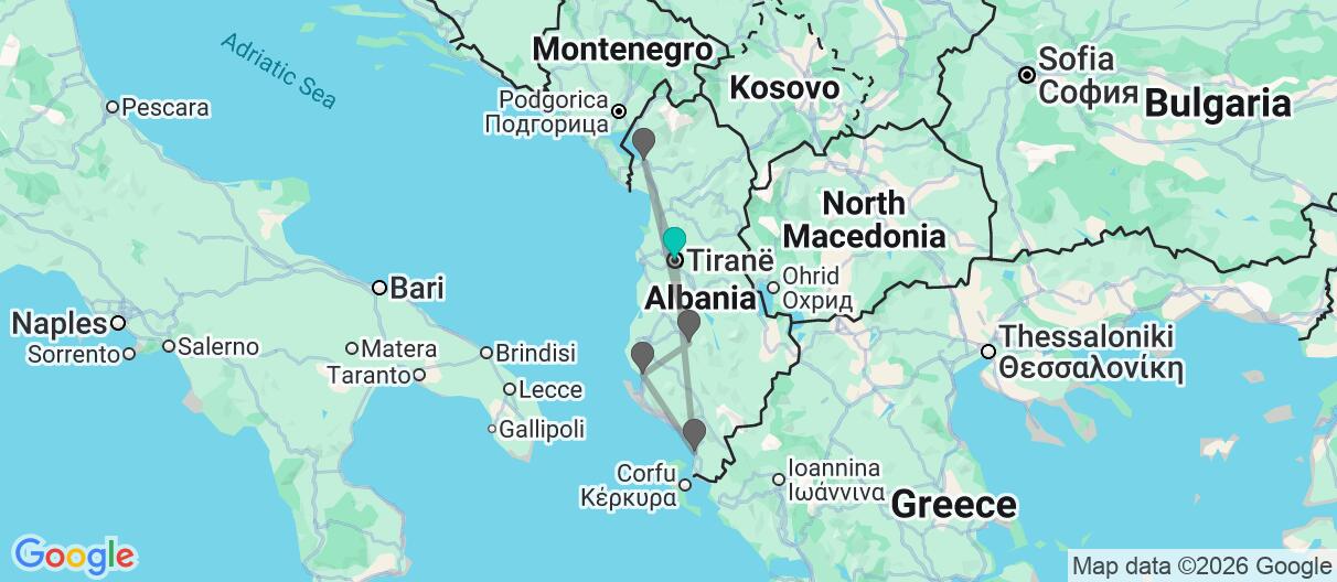 Map with itinerary in Albania