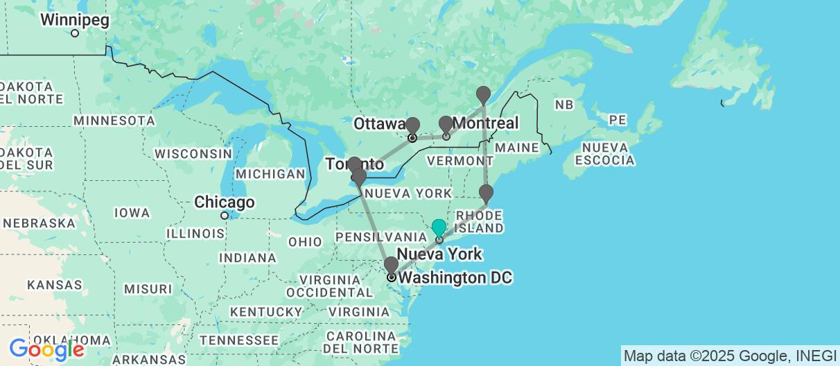 Mapa con el itinerario en Canada y Estados Unidos