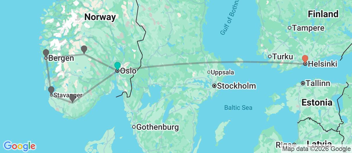 Map with itinerary in Norway & Finland