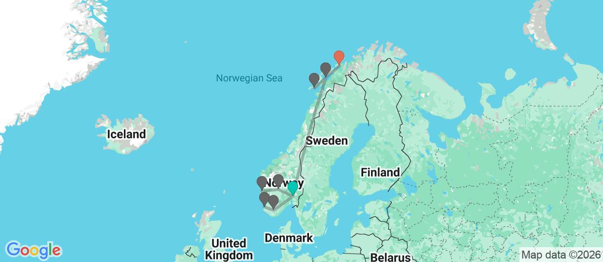 Map with itinerary in Norway