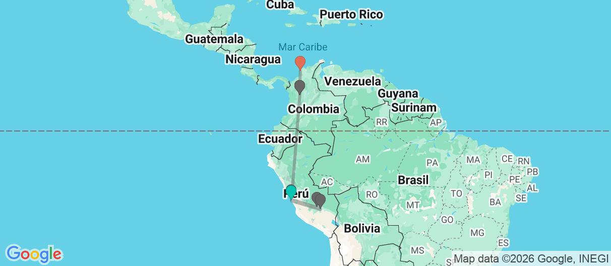 Mapa con el itinerario en Perú & Colombia
