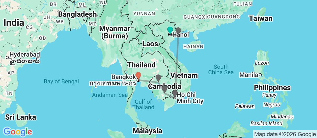 Map with itinerary in Vietnam, Cambodia & Thailand