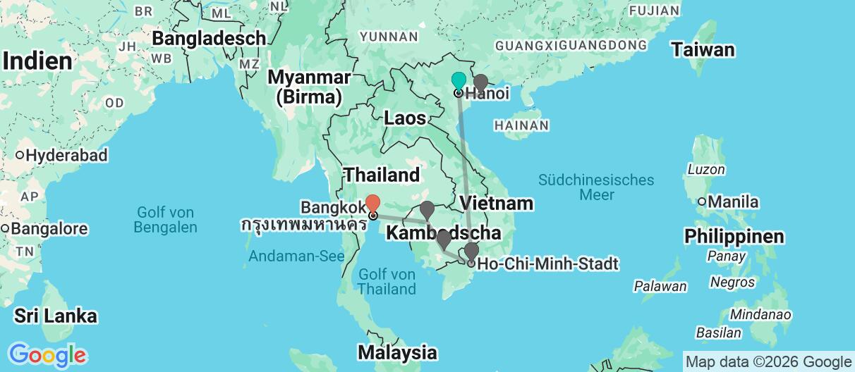 Karte mit Reiseroute in Vietnam, Kambodscha und Thailand