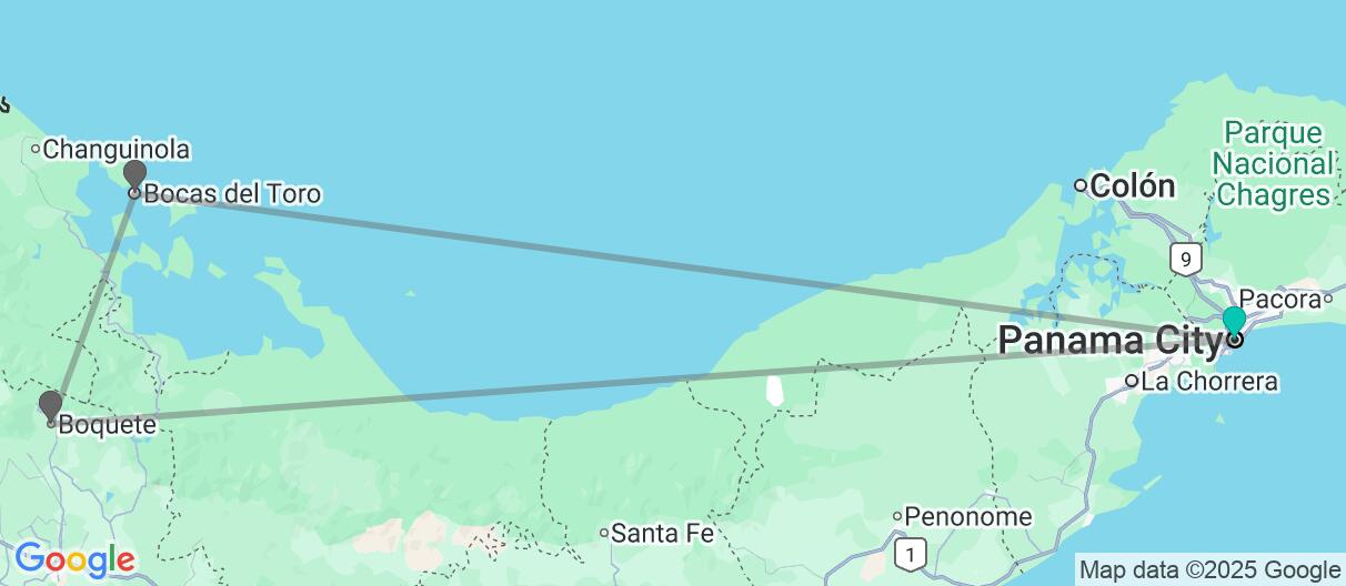 Map with itinerary in Panama