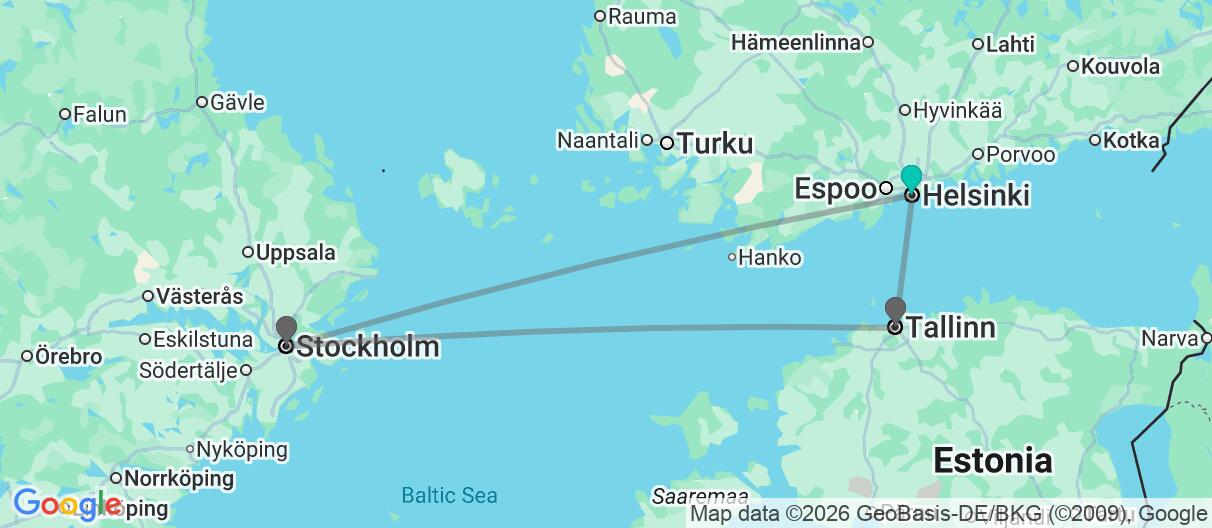 Map with itinerary in Finland, Sweden & Estonia