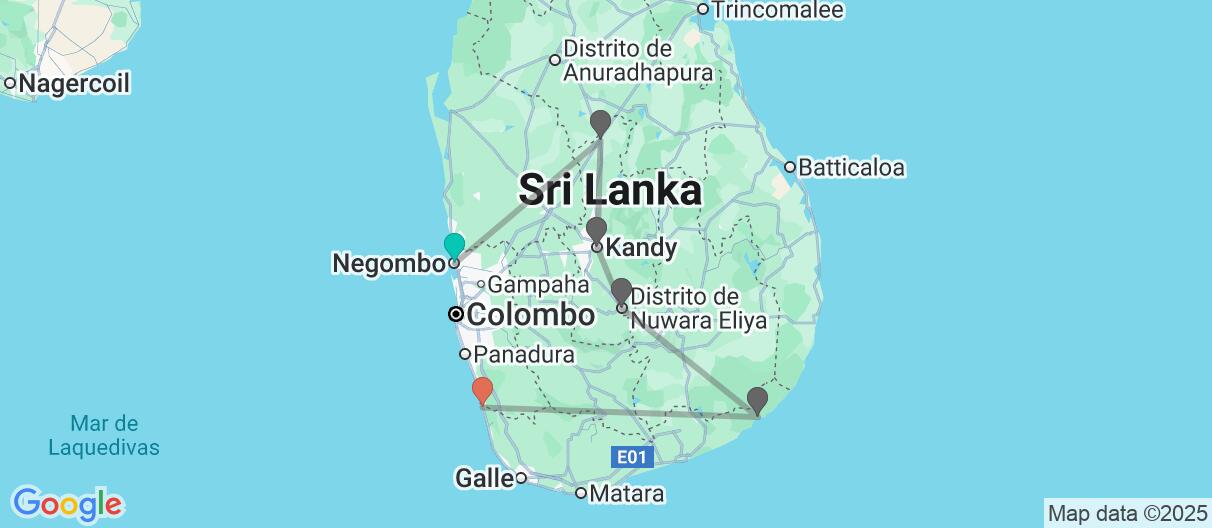 Mapa con el itinerario en Sri Lanka