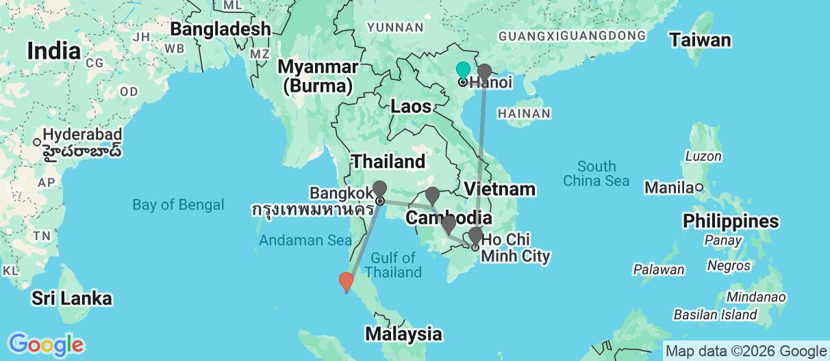 Map with itinerary in Vietnam, Cambodia & Thailand