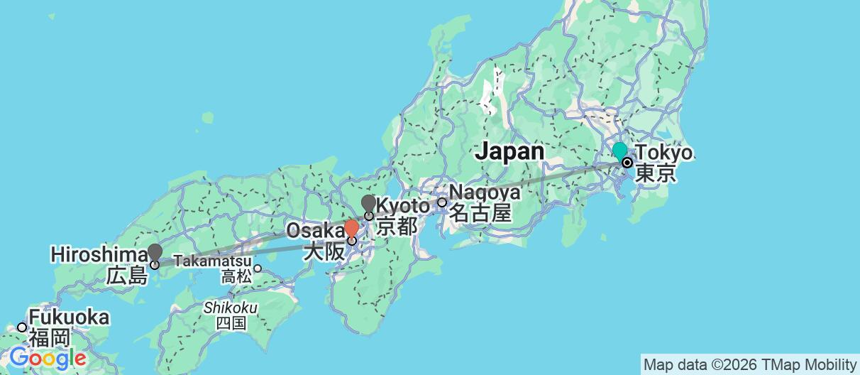 Map with itinerary in Japan