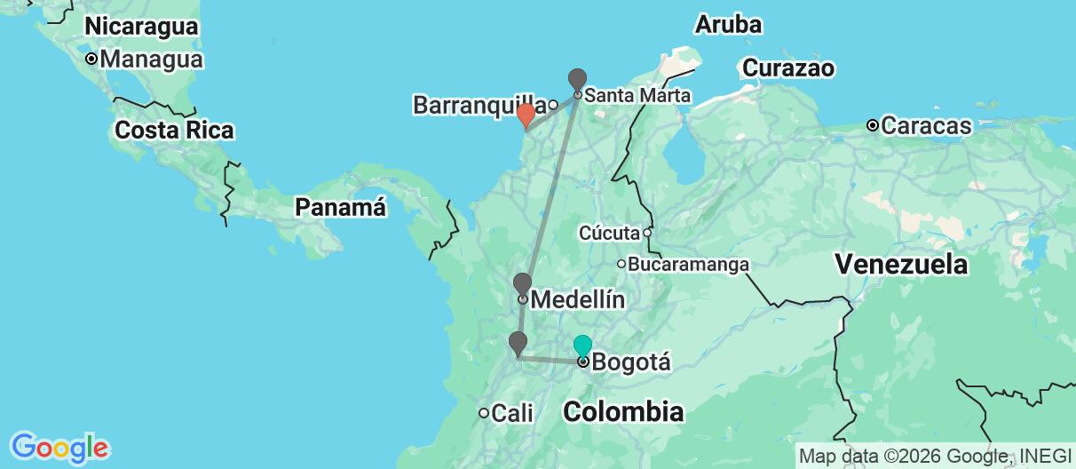 Mapa con el itinerario en Colombia