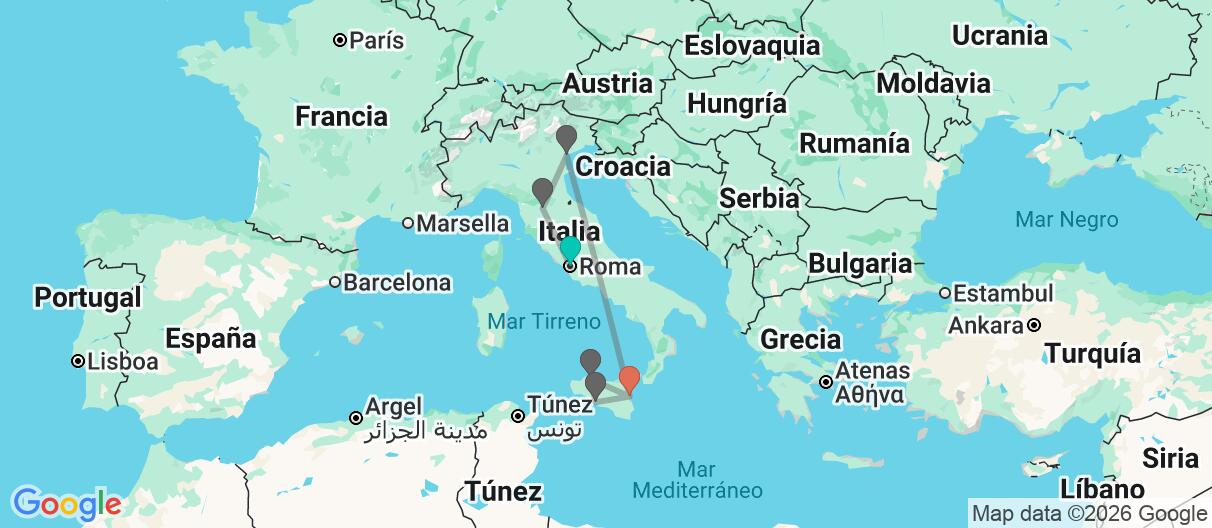 Mapa con el itinerario en Italia