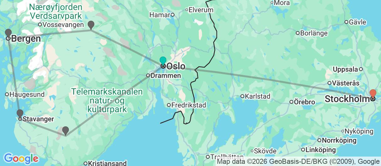 Map with itinerary in Norway & Sweden
