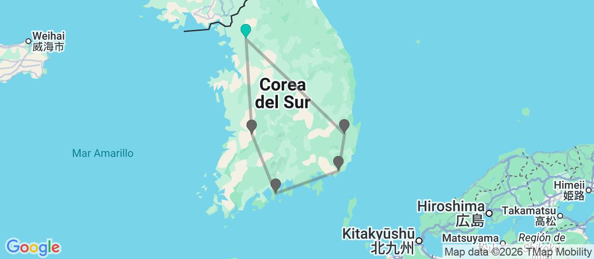 Mapa con el itinerario en Corea del sur