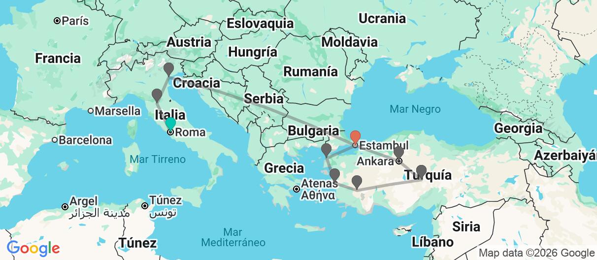 Mapa con el itinerario en Italia y Turquia