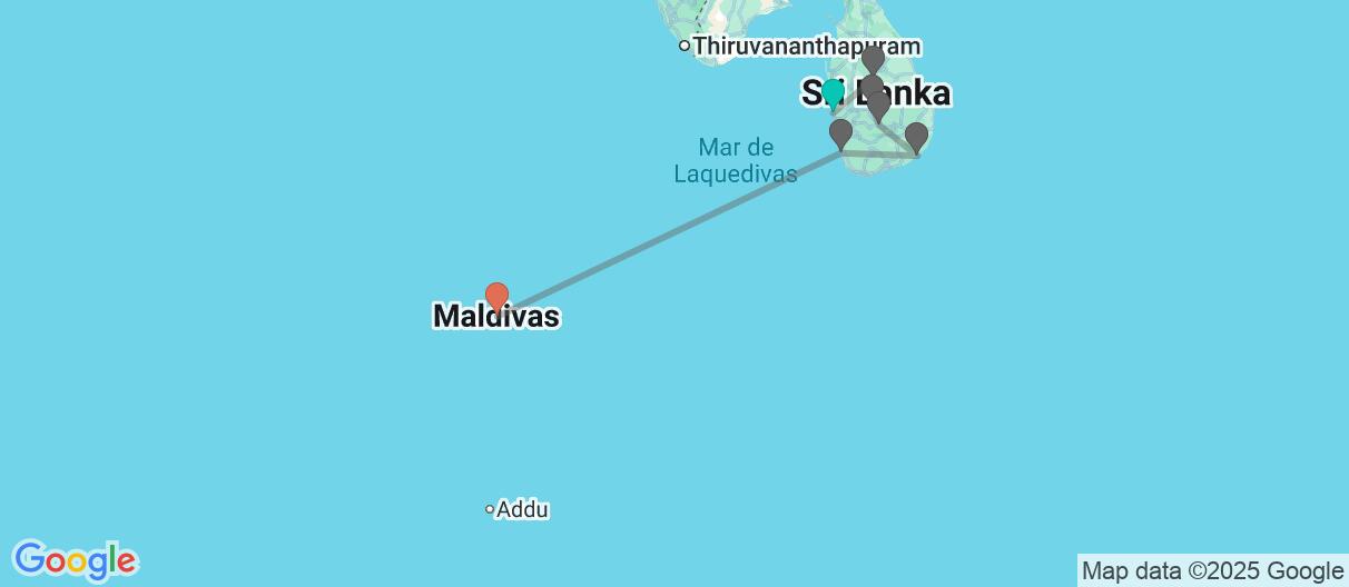 Mapa con el itinerario en Sri Lanka y Maldivas