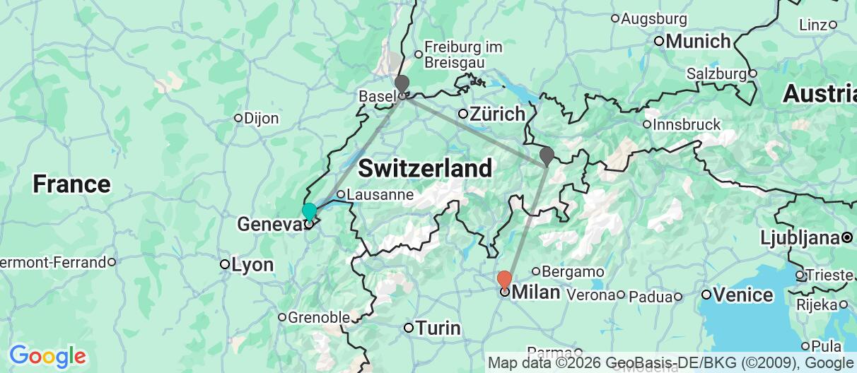 Map with itinerary in Switzerland, France and Italy