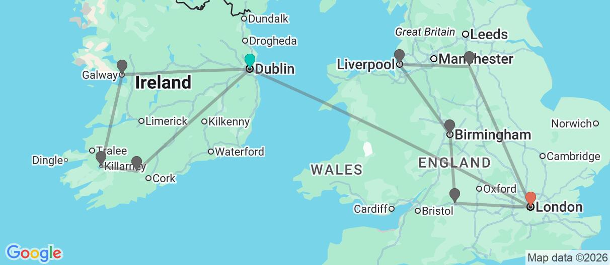Map with itinerary in Ireland & England