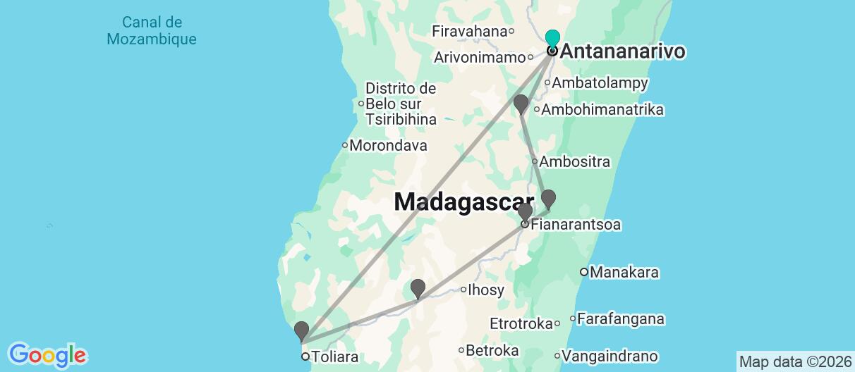 Mapa con el itinerario en Madagascar