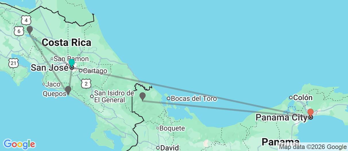 Map with itinerary in Costa Rica & Panama