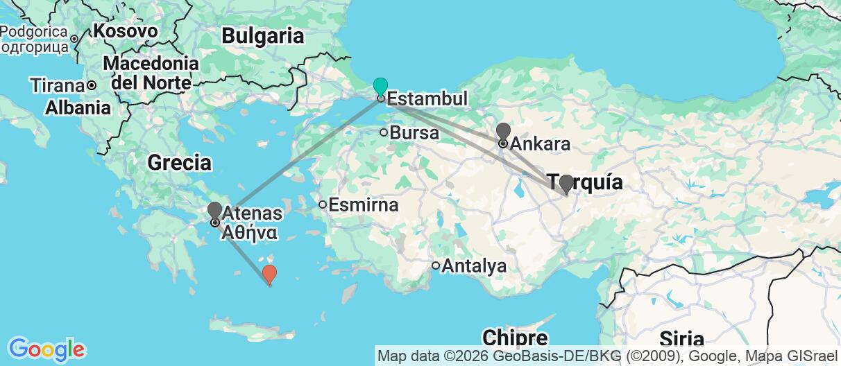Mapa con el itinerario en Turquía y Grecia
