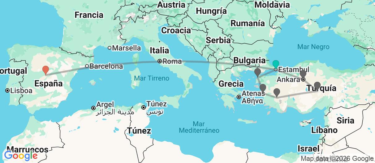 Mapa con el itinerario en Turquía y España