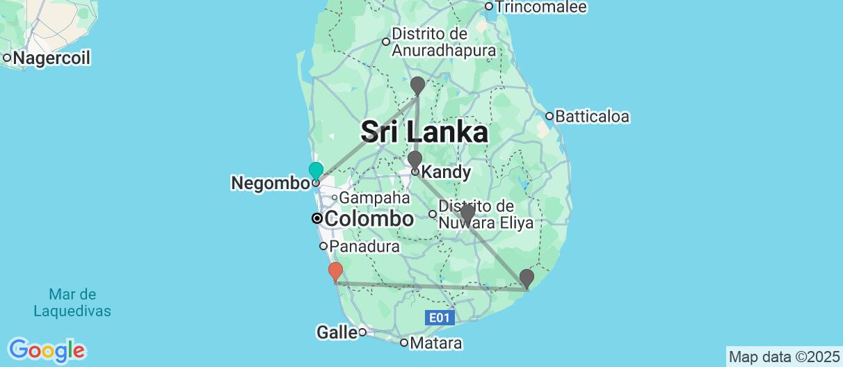 Mapa con el itinerario en Sri Lanka