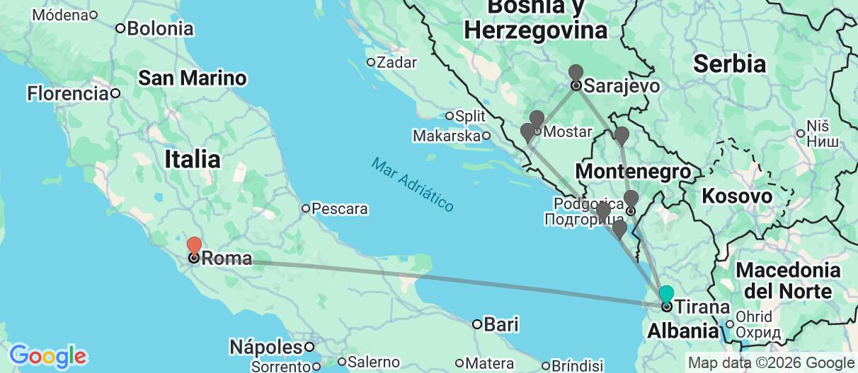 Mapa con el itinerario en Albania,Montenegro,Croacia y Bosnia & Italia