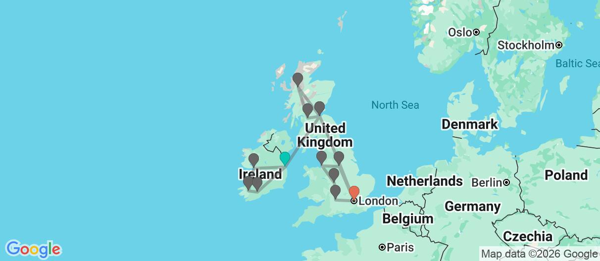 Map with itinerary in Ireland, Scotland & England