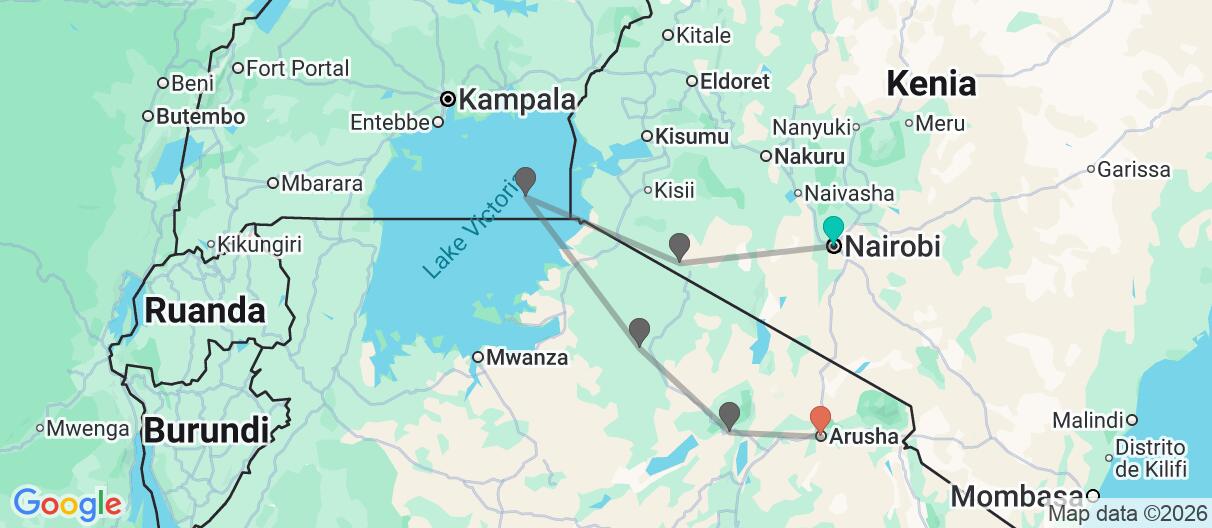 Mapa con el itinerario en Kenia & Tanzania