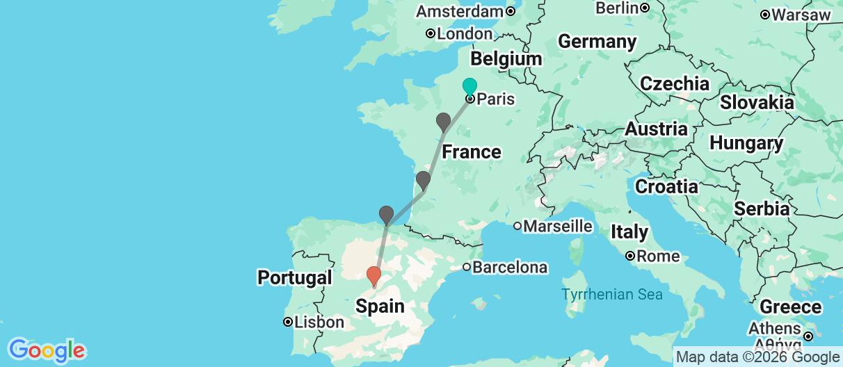 Map with itinerary in France & Spain