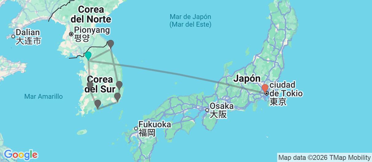 Mapa con el itinerario en Corea del sur & Japón