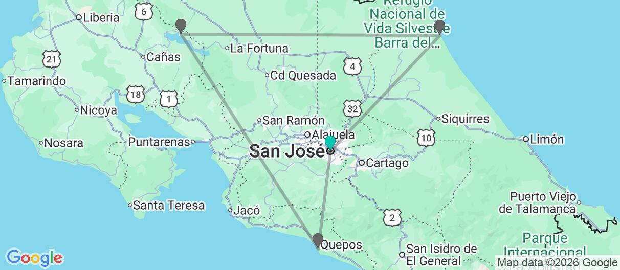 Mapa con el itinerario en Costa Rica