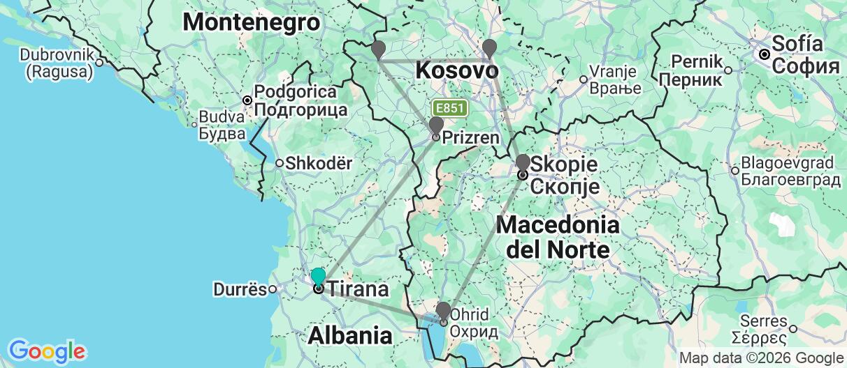 Mapa con el itinerario en Albania, Macedonia del Norte & Kosovo 