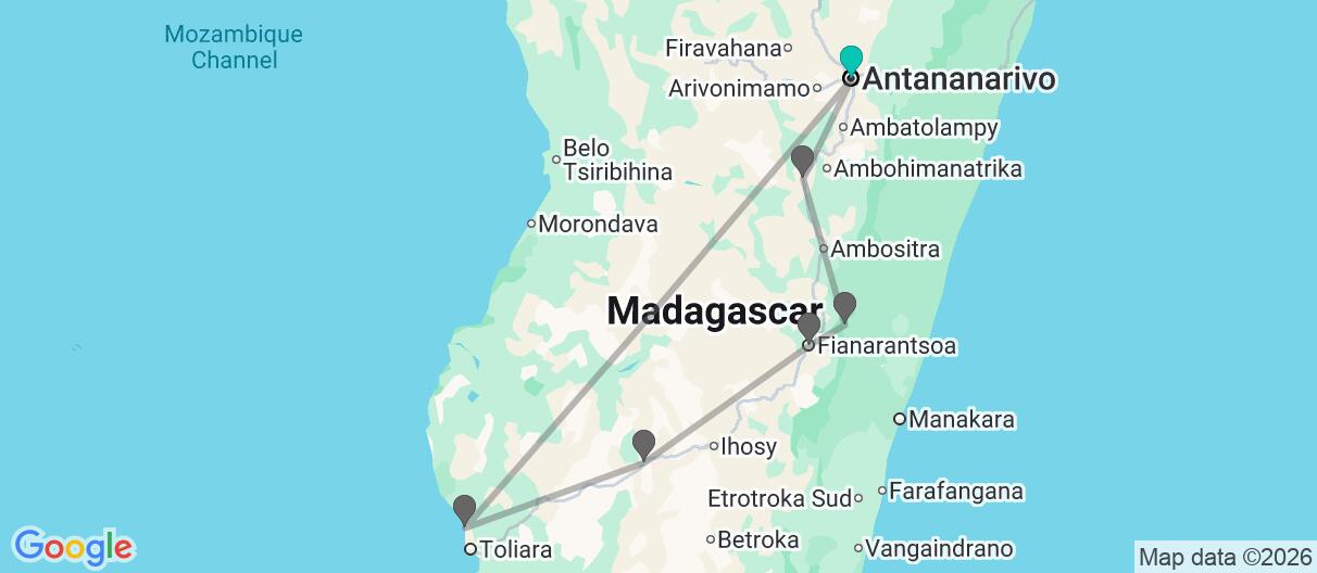 Map with itinerary in Madagascar