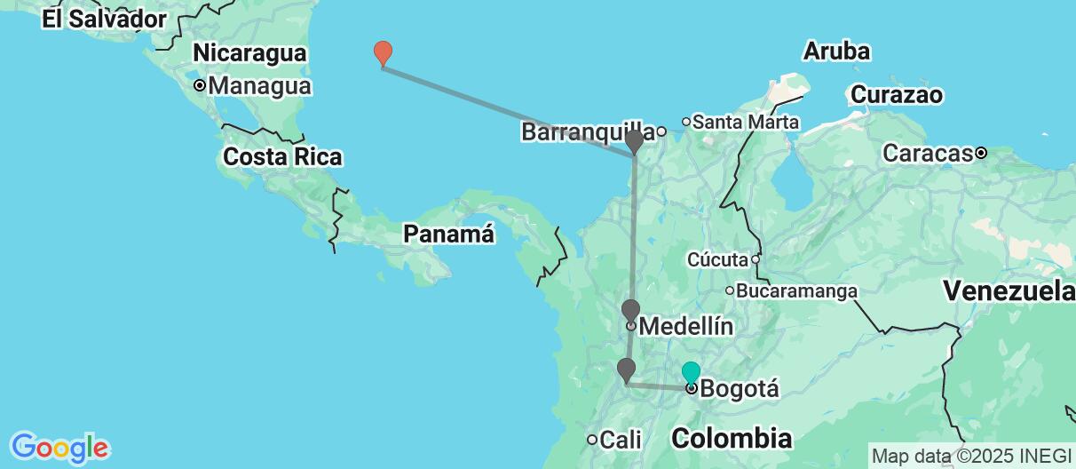 Mapa con el itinerario en Colombia