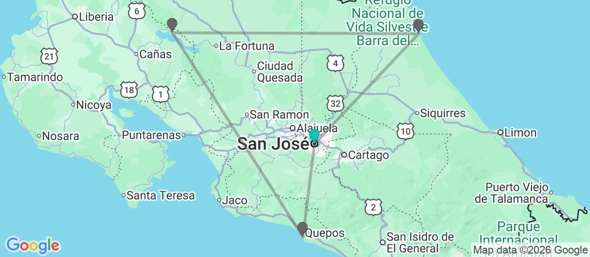 Map with itinerary in Costa Rica