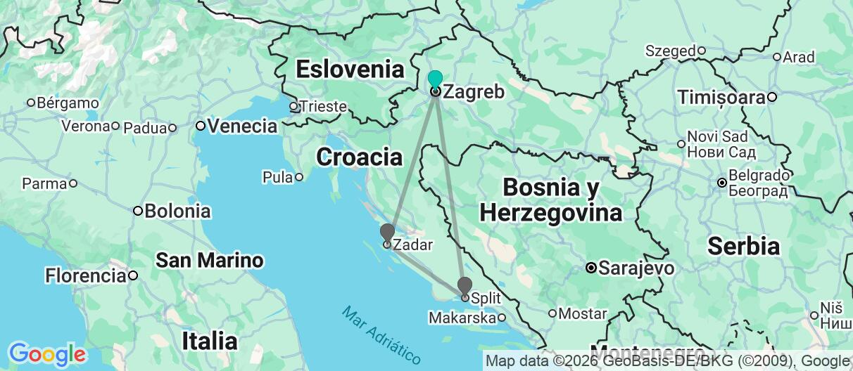 Mapa con el itinerario en Croacia