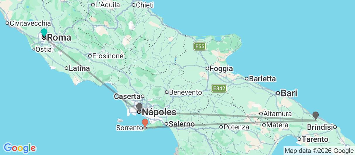 Mapa con el itinerario en Italia