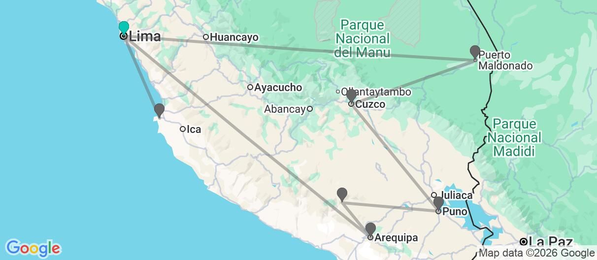 Carte avec l'itinéraire en/aux Pérou