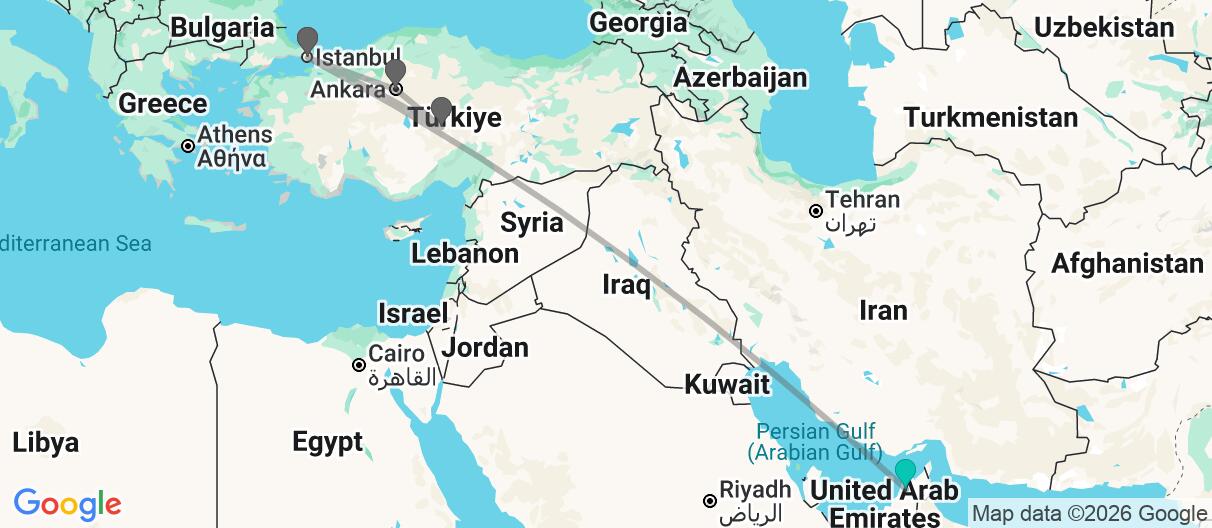 Map with itinerary in United Arab Emirates & Turkey