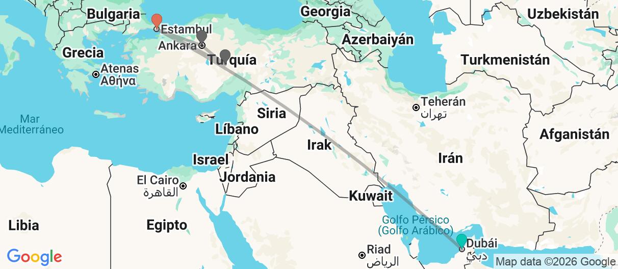 Mapa con el itinerario en Emiratos Árabes Unidos y Turquía