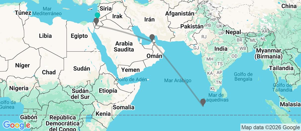 Mapa con el itinerario en Jordania, Emiratos Árabes y Maldivas
