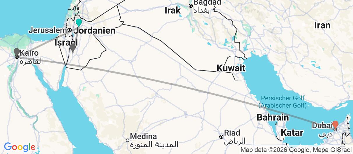 Karte mit Reiseroute in Jordan, Ägypten und Dubai